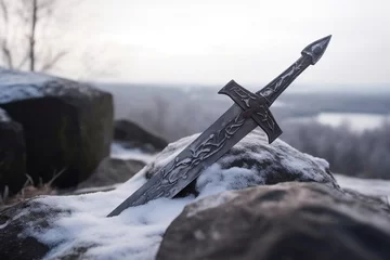 Foto op Plexiglas Powerful frozen sword stuck in stone at winter landscape on background generative ai © Tohamina