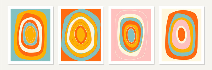 Minimalist geometric poster design. Mid century modern Bauhaus style inspired artwork. Vector abstract art set with circles in pastel pink, yellow, blue, orange and off white.