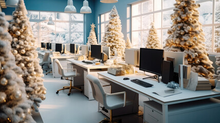 Office with several computers with Christmas style.