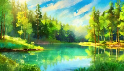 lake in the forest Painting illustration