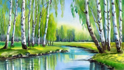 reflection of trees in water Painting illustration