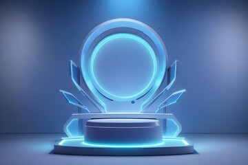 Product presentation with a modern futuristic podium with neon blue lights and blue background.Minimalist mockup for podium display or showcase.