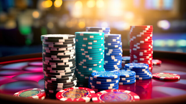 Casino gambling chips on red table with blurred background.