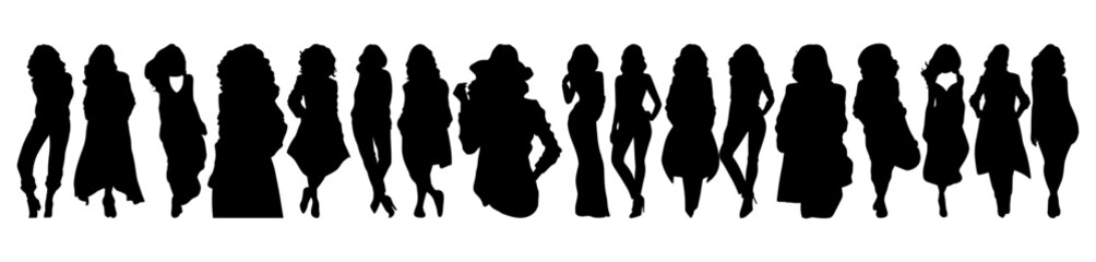 Woman fashion model silhouettes set, large pack of vector silhouette design, isolated white background. - obrazy, fototapety, plakaty