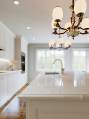 Kitchen white countertop with white marble, with blurred bokeh background. 