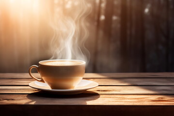 A cup of hot drink with steam against golden bokeh background
