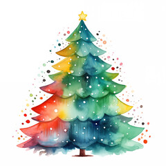 Colorful watercolor illustration of a Christmas tree in rainbow colors