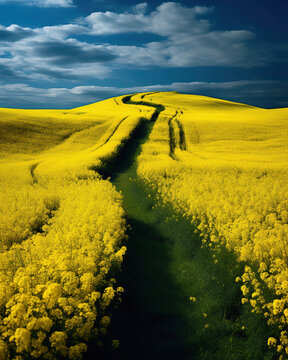 Footpath through a field of yellow rapeseed flowers in spring, Switzerland
