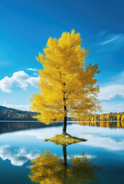 Yellow autumnal tree in the middle of an alpine lake, Switzerland