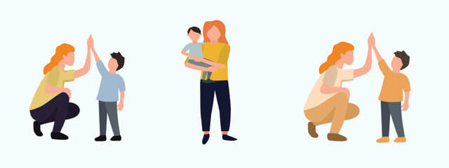Mother and son happy playing vector illustration set. mother high fives with son. Mother holding baby boy. Bonding mother and son