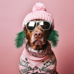 Cute dog in knitted Christmas sweater - obrazy, fototapety, plakaty