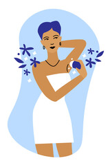 Deodorant vector illustration. Protection against sweat. Woman with bad towel using antiperspirant. Fresh feeling. Hygiene concept. 	