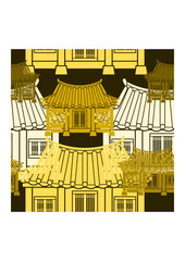Editable Vector Illustration of Front View Traditional Hanok Korean House Building as Seamless Pattern With Dark Background for Decorative Element of Oriental History and Culture Related Design