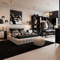 A bedroom interior in a black and white style Ai generated art