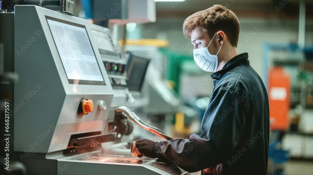 Poster industrial worker doing work with operating cnc machine at metal machining industry factory.