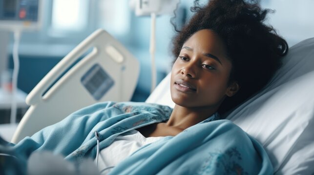 African American Woman Thinking Problem About Surgery In A Hospital Bed, Tired, Depression.