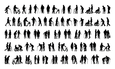 Group of elderly senior people with walking aids silhouette set large collection. - obrazy, fototapety, plakaty