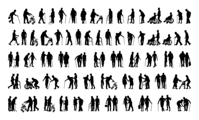 Fotobehang Group of elderly senior people with walking aids silhouette set large collection. © Andreas