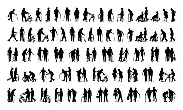 Group of elderly senior people with walking aids silhouette set large collection.