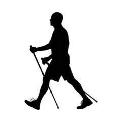 Man walking with two sticks side view vector silhouette. Old man doing nordic walking vector silhouette. - obrazy, fototapety, plakaty