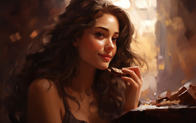 beleza comendo chocolate, fundo desfocado