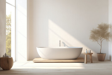 Fototapeta na wymiar Sleek White Bathtub in a Contemporary Modern Bathroom Interior