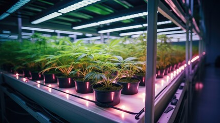 Lighting and spectrum from LED in cannabis greenhouse. Cannabis farming control environment for medical industry, Pharmaceutical industry. - obrazy, fototapety, plakaty