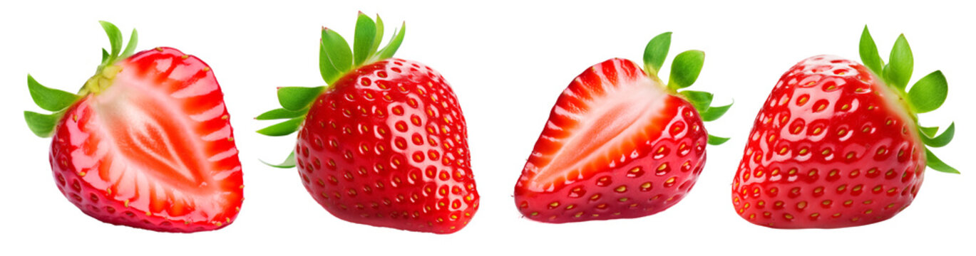 Set of four ripe ideal strawberries isolated on transparent background. Two were cut and two whole berries.