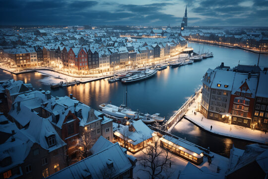 Aerial photography of Nyhavn, copenhagen in snowy winter, beautiful architecture, stunning view, city lights  at blue hour
