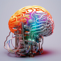 Fototapeta na wymiar Artificial technology shapes the human brain. Neon and chrome colors aesthetic.