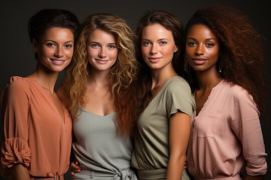 Half-length portrait of four cheerful young diverse multiethnic women. Female friends smiling at camera while posing together. Diversity, beauty, friendship concept. Isolated over grey background.