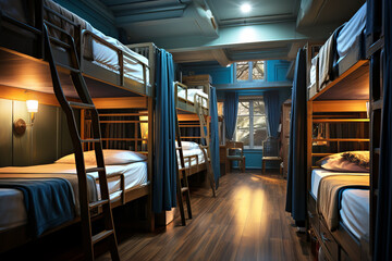 Hostel dormitory beds arranged in dorm room with white plain bunk bed in dormitory.Hotel dormitory have many beds arranged in one room. Clean hostel small room with wooden bunk beds.
