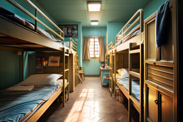 Hostel dormitory beds arranged in dorm room with white plain bunk bed in dormitory.Hotel dormitory have many beds arranged in one room. Clean hostel small room with wooden bunk beds. - obrazy, fototapety, plakaty