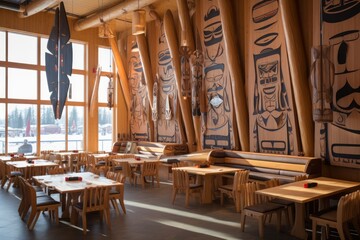 Restaurant interior on ski resort in Nordic style.