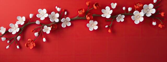 Cherry or sakura flowers on bright red background. Greeting card template for wedding, mother's or woman's day. Springtime flat lay composition with copy space