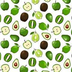 Pattern is seamless with green apple, lime, kiwi, avocado whole, cut in half on white background