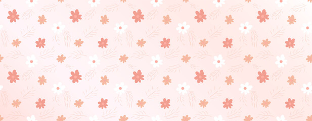 Pink horizontal frame with simple painted white and pale pink flowers. Doodles. Minimal wall art.