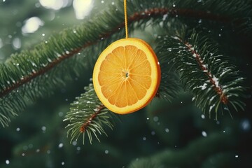 Fototapeta na wymiar Christmas green tree with hanging slice of orange ball like a tree toy close up