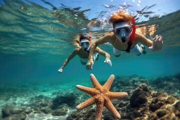 Two people were snorkeling on starfish.