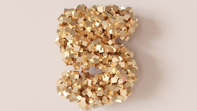 Golden, animated number five on beige background. Sparkling symbol 5, made from shiny gold particles. Anniversary or fifth birthday. Special event. 3D animation.