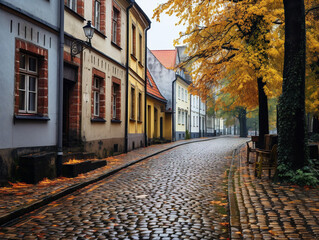 A picturesque old-fashioned European street with cobblestones and charming architecture.