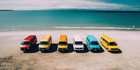 An aerial view reveals captivating scene assorted-colored vans neatly parked on a pristine beach. Each van, with its distinct hue, forms mesmerizing mosaic of colors against the backdrop of sun-kissed - obrazy, fototapety, plakaty