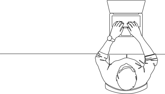 recommend clip art: continuous single line drawing of man sitting at desk using laptop computer, line art vector illustration