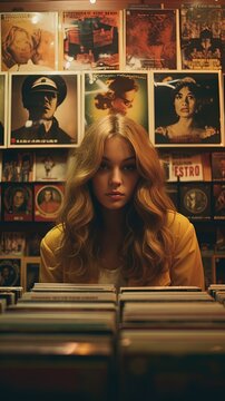 a woman in bohemian 1970s fashion wandering through a retro record store filled with vinyl records and vintage music posters