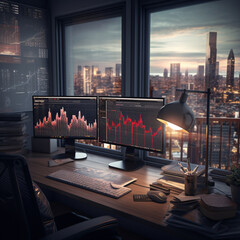 computer screen displaying dynamic stock graphs is window into the world of finance and investment.On this digital canvas, colorful charts and lines weave complex narrative market trends and trading.