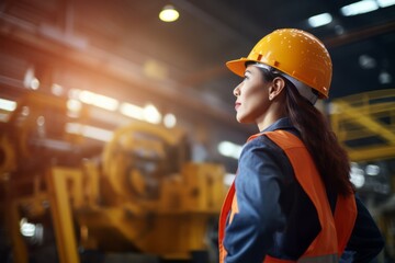 young woman engineer in uniform helmet standing and posing cross arm in industrial factory background with sunset back light. female technician worker technician in manufacturing factory.