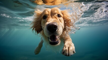 Funny Golden Retriever dog diving deep down doing water sports. Popular dog breed swimming and playing in water close-up. Cute dog in action and training with family on summer vacation.