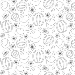 Seamless coloring pattern with kiwi whole, cut in half, colors, different circles on white background