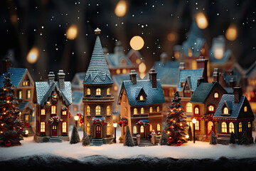 miniature scenery of a christmas village with lighted decorations. christmas scenery banner,...
