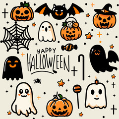 halloween cute vector ghost, bat, spider-web, spooky, pumpkin,  seamless background icon set on  white background 